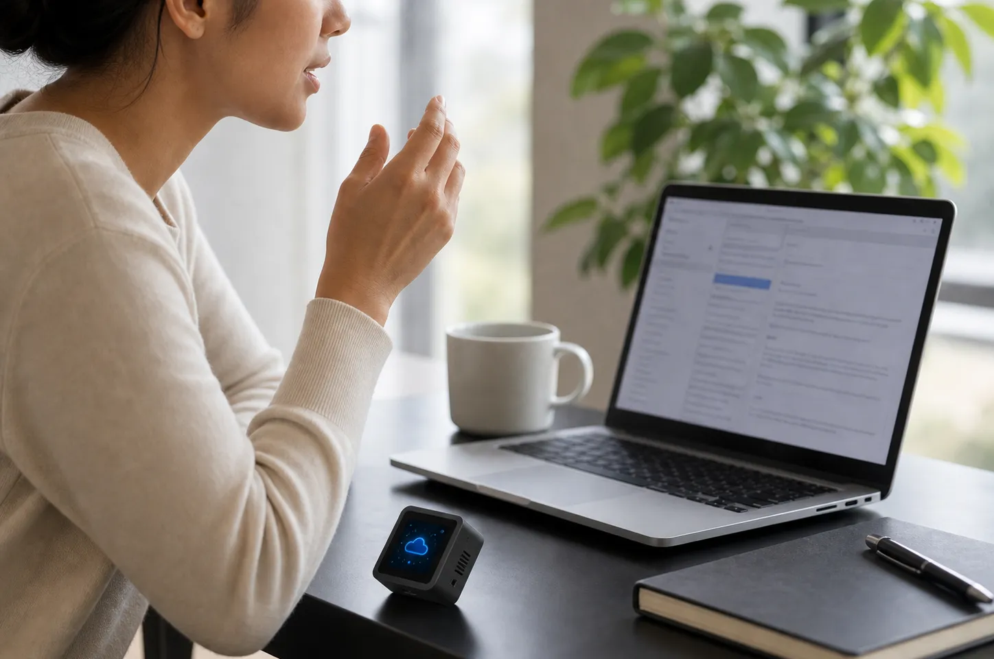 A person speaking toward the tiny voxcop device while using a laptop.